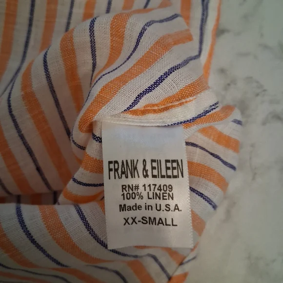 Frank & Eileen 100% Linen Orange Blue & White Stripe Button up XXS NWOT *READ - Picture 10 of 12